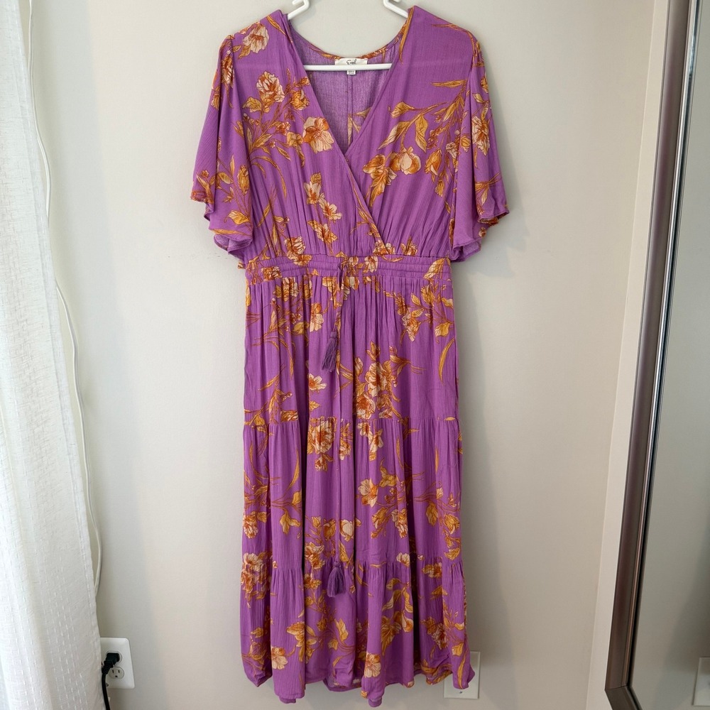 Easel Los Angeles Purple Floral Tiered Maxi Dress M Boho Tassel Flutter Sleeve